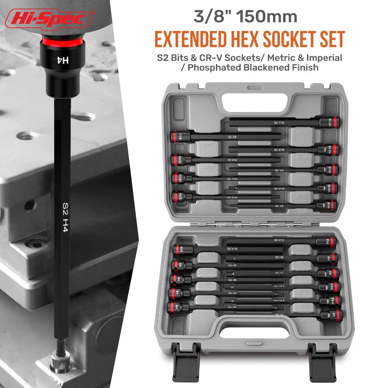 3/8 Impact Socket Set, Wrench Socket Hex Socket Set with S2 Bits and CR-V Sockets, Torx Bit Long Socket