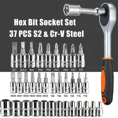 1/4" Drive Socket & Ratchet Wrench Set with Hex Bits, 46 Pcs