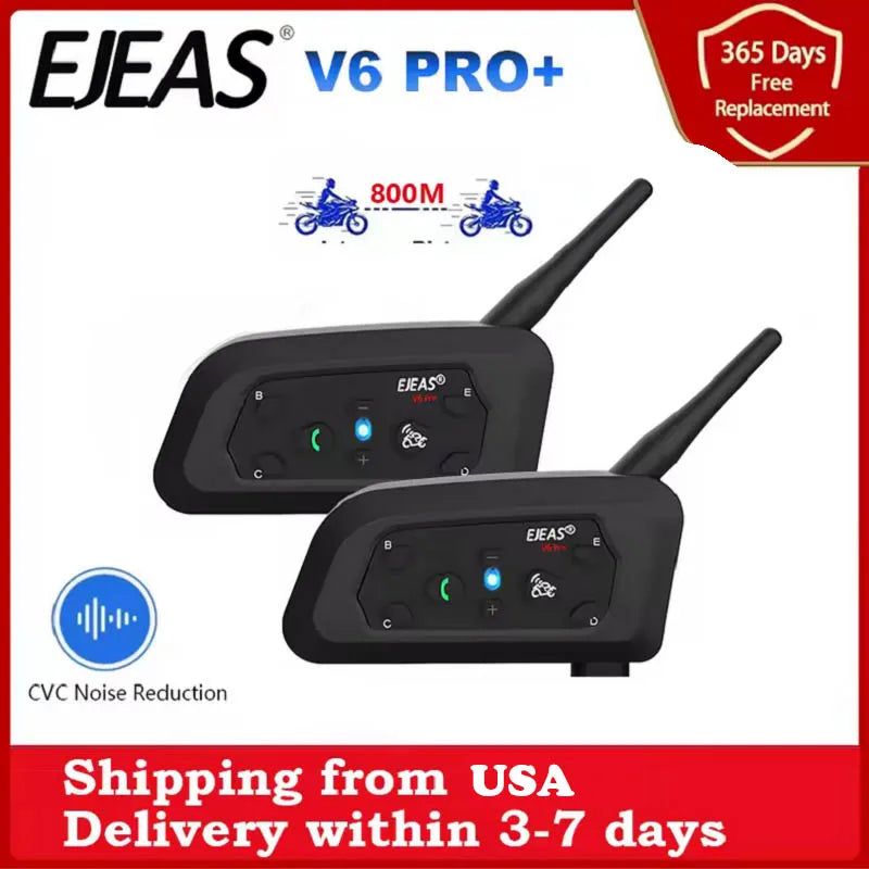 EJEAS V6 Pro+ Motorcycle Bluetooth Intercom Headset, 800m IP67