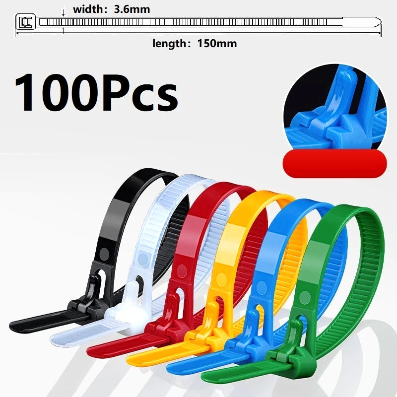 100 Reusable Cable Ties Nylon Cable Lock Loop Removable Mixed Colours Black White