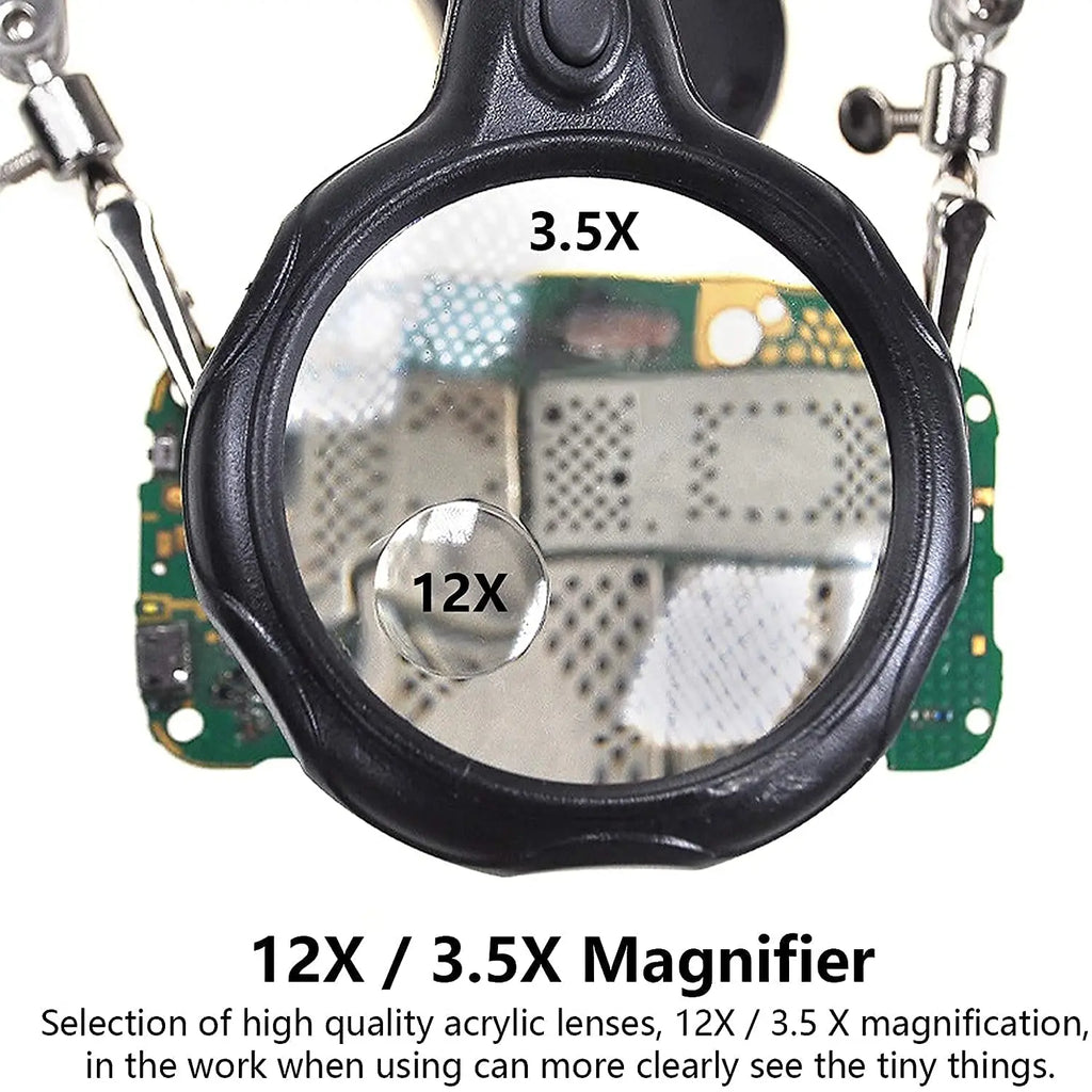 Helping Hands Soldering Station 3.5X 12X Magnifying Glass LED Lighted Magnifier with Auxiliary Clips Alligator Clamp Repair Tool