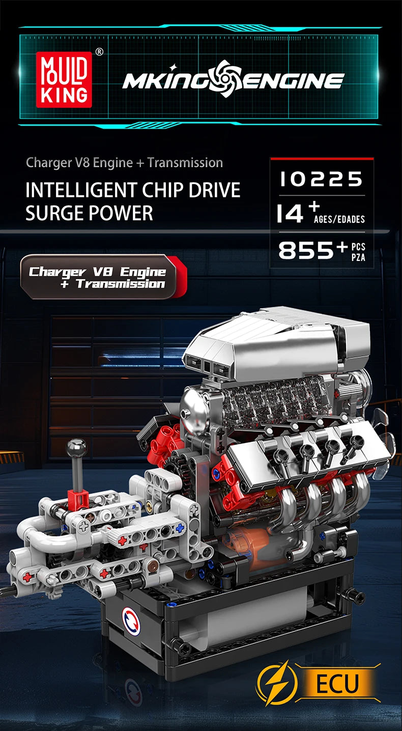 Motorized V8 Engine Building Block Model Kit with Transmission