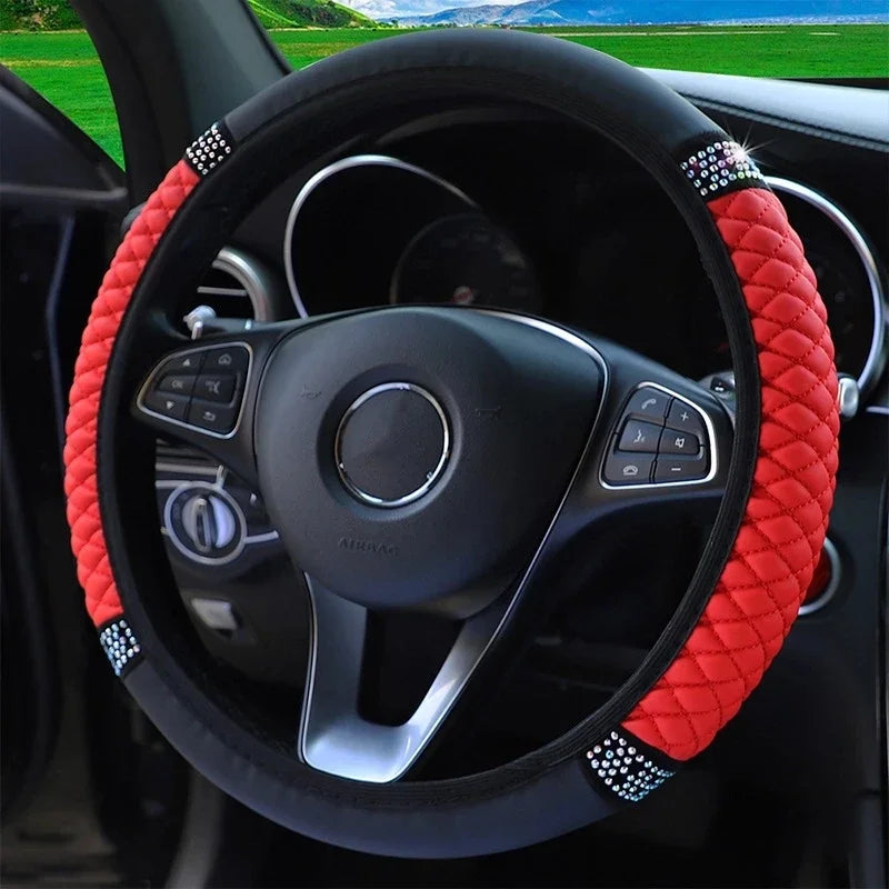 Diamond-Studded Leather Steering Wheel Cover for Cars - image 2