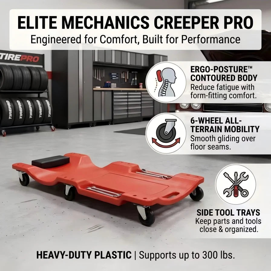 40'' 6-Wheel Heavy Duty Mechanic Creeper, Ergonomic Molded Rolling Board with Tool Groove for Under Car Maintenance