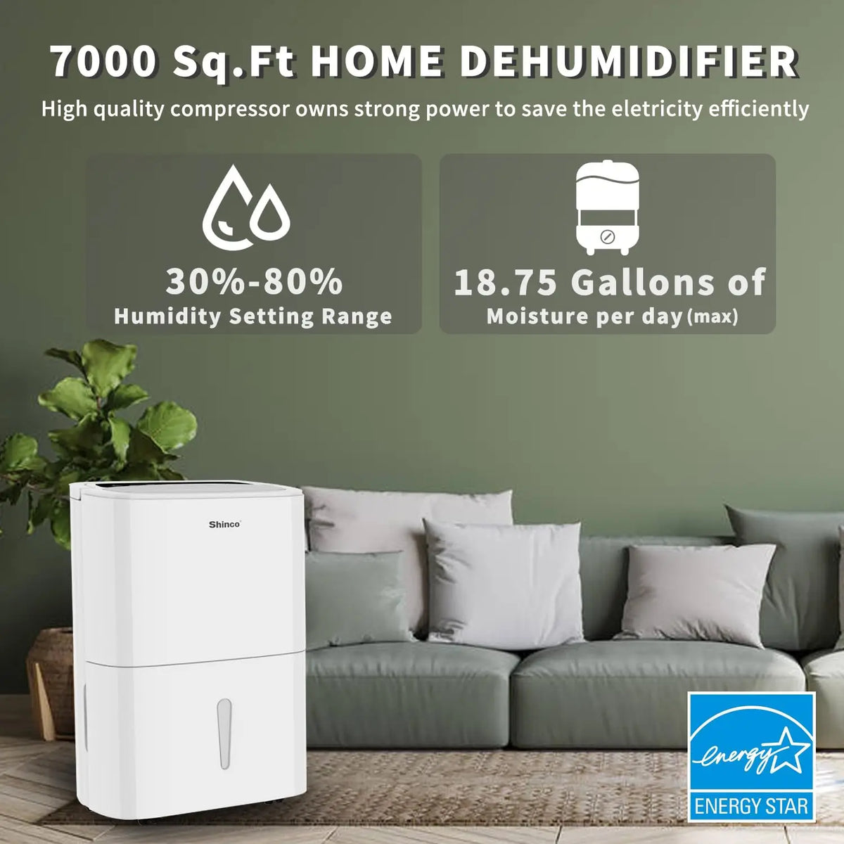Shinco 150 Pints Energy Star Dehumidifier for Large Spaces up to 7,000 Sq.Ft Built-in Pump, 1.85 Gallon Water Tank