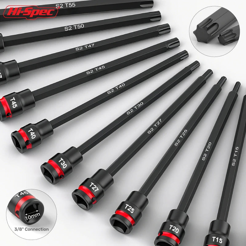 3/8 Impact Socket Set, Wrench Socket Hex Socket Set with S2 Bits and CR-V Sockets, Torx Bit Long Socket