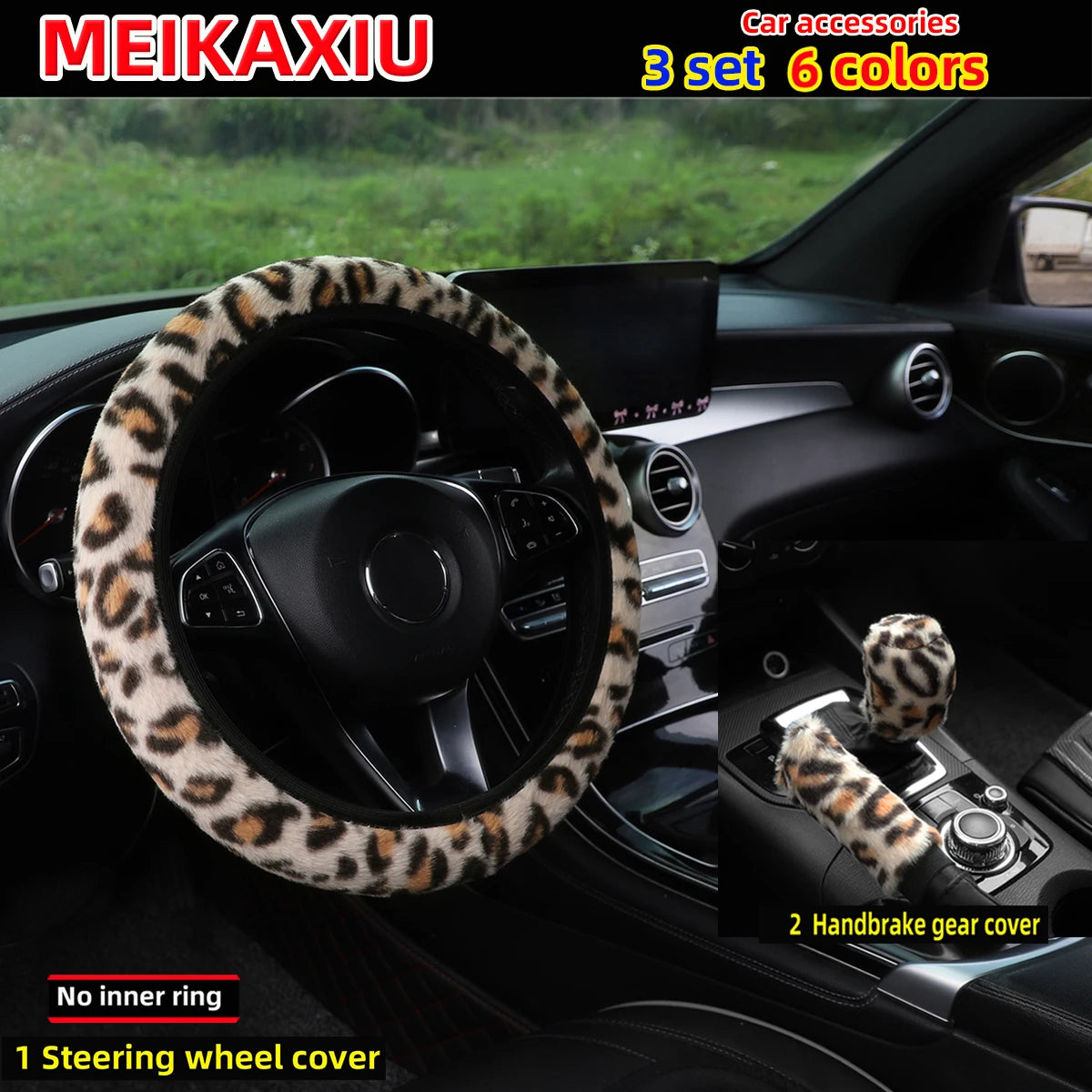 Plush Leopard Print Steering Wheel Cover Set, 3 Pieces