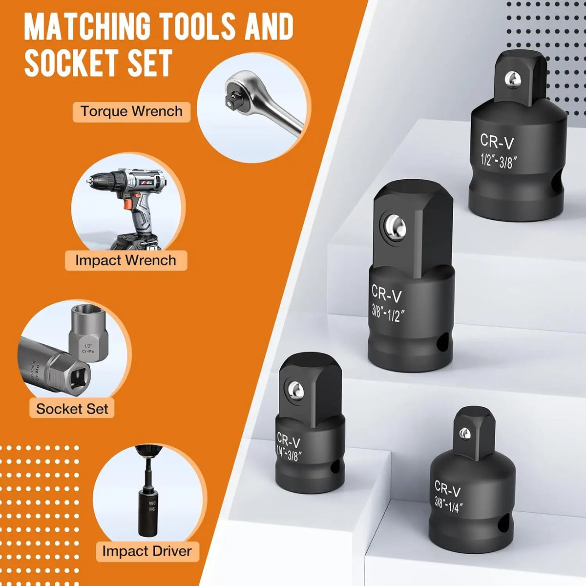 4-8PCS Impact Socket Adapter and Reducer Set, 1/4' 3/8' 1/2' Impact Adapter Set Breaker Bar Wrench Conversion Kit Mechanic Tools