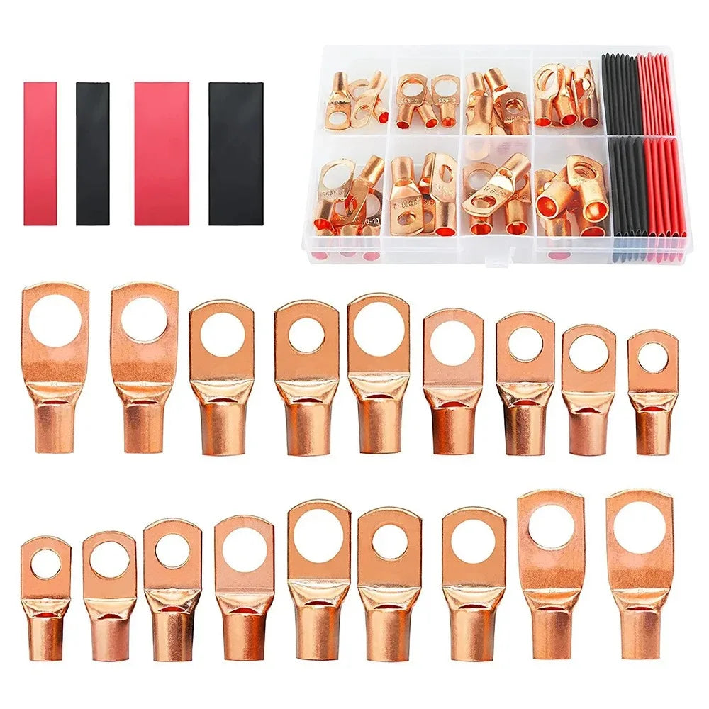 100pcs Copper Terminal Connectors, AWG 4 6 8 10 12 Ring Lug Kit With Shrink Tubing 50 Battery Cable Lugs, With 50 Shrink Tubing