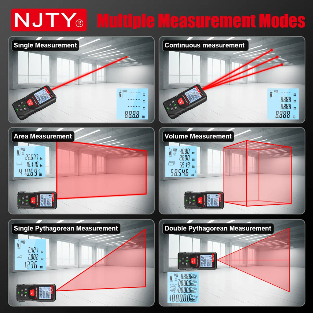 C-50/100/200m Laser Distance Meter Handheld Digital Rangefinder Area Volume Pythagorean Measurement Backlit LCD Display Tools
