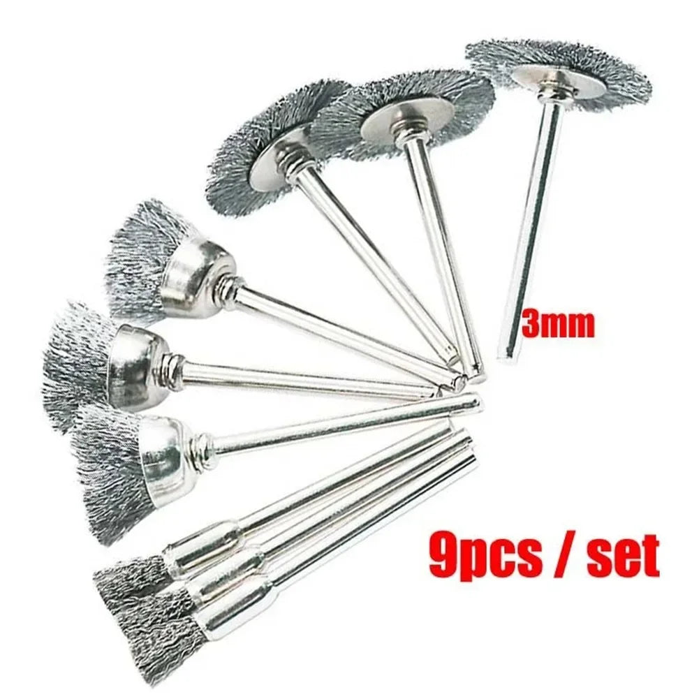 9Pcs Steel Wire Brush Set for Rotary Tools Paint and Rust Removal Polishing