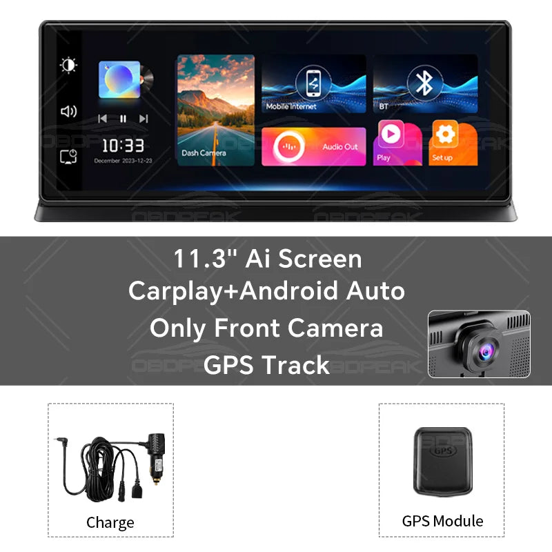11.3" 4K Dash Cam Screen with Wireless CarPlay & Android Auto, Dual Lens