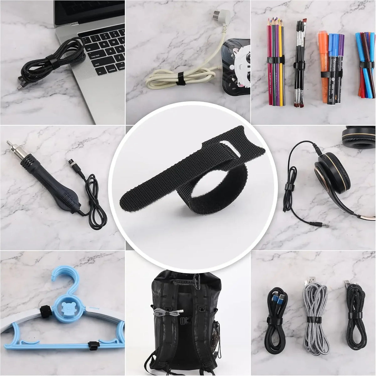 Releasable Cable Ties Black Nylon Loop and Hoop Fastener Tape Cord Straps Wire Organizer Multi-Purpose Bundling Wrap Tie