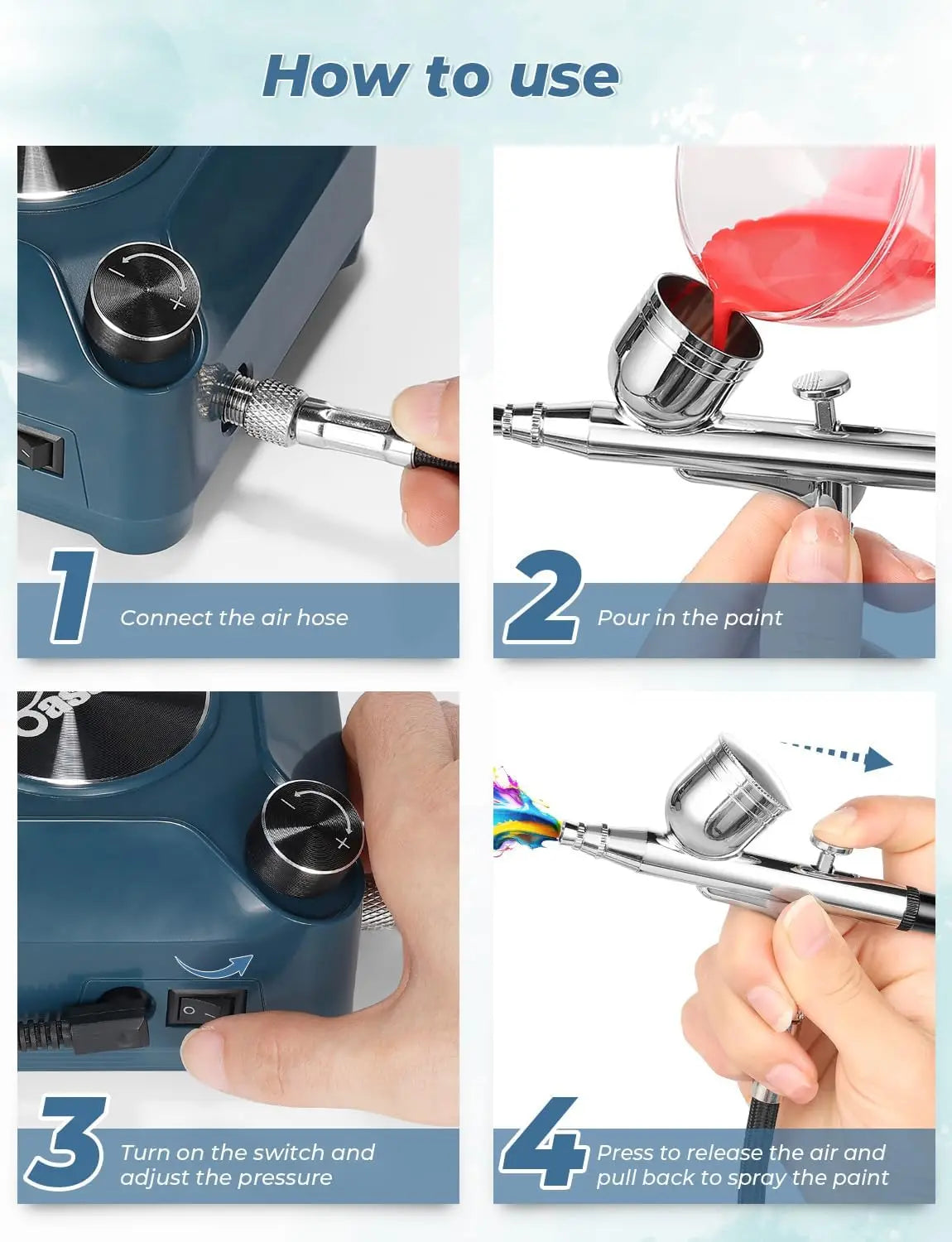 SI FANG 30PSI Dual-Action Airbrush Kit Multi-Function Portable Set with Noise-Reducing Compressor for Painting Cake Models