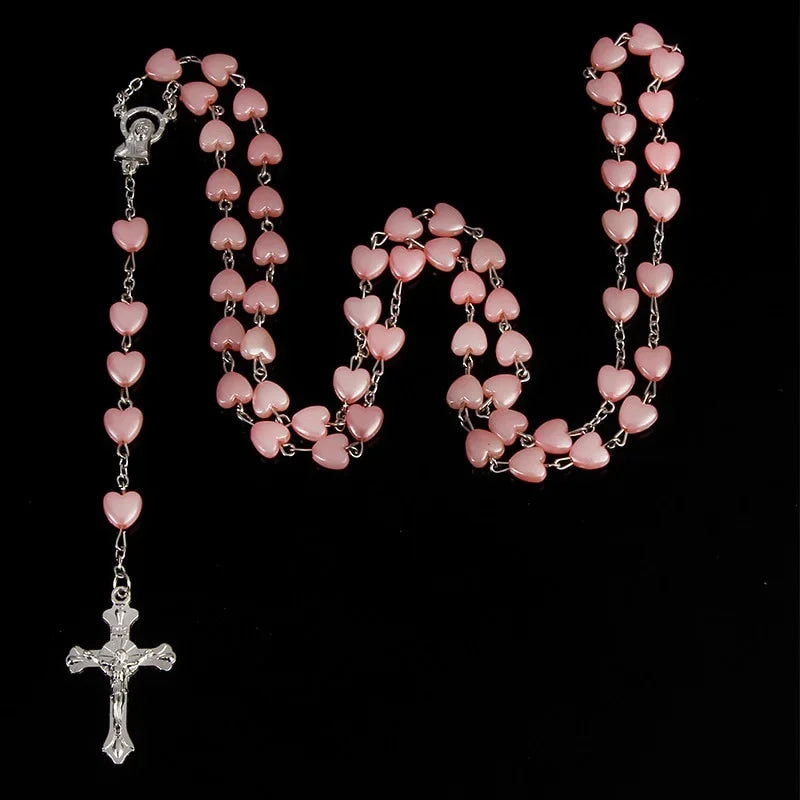 Catholic Rosary Pendant Necklace White Heart Beads Car Ornament