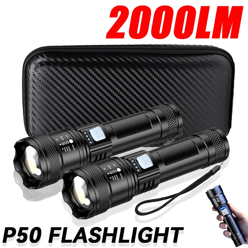 2000LM USB Rechargeable Zoom Tactical LED Flashlight, Waterproof