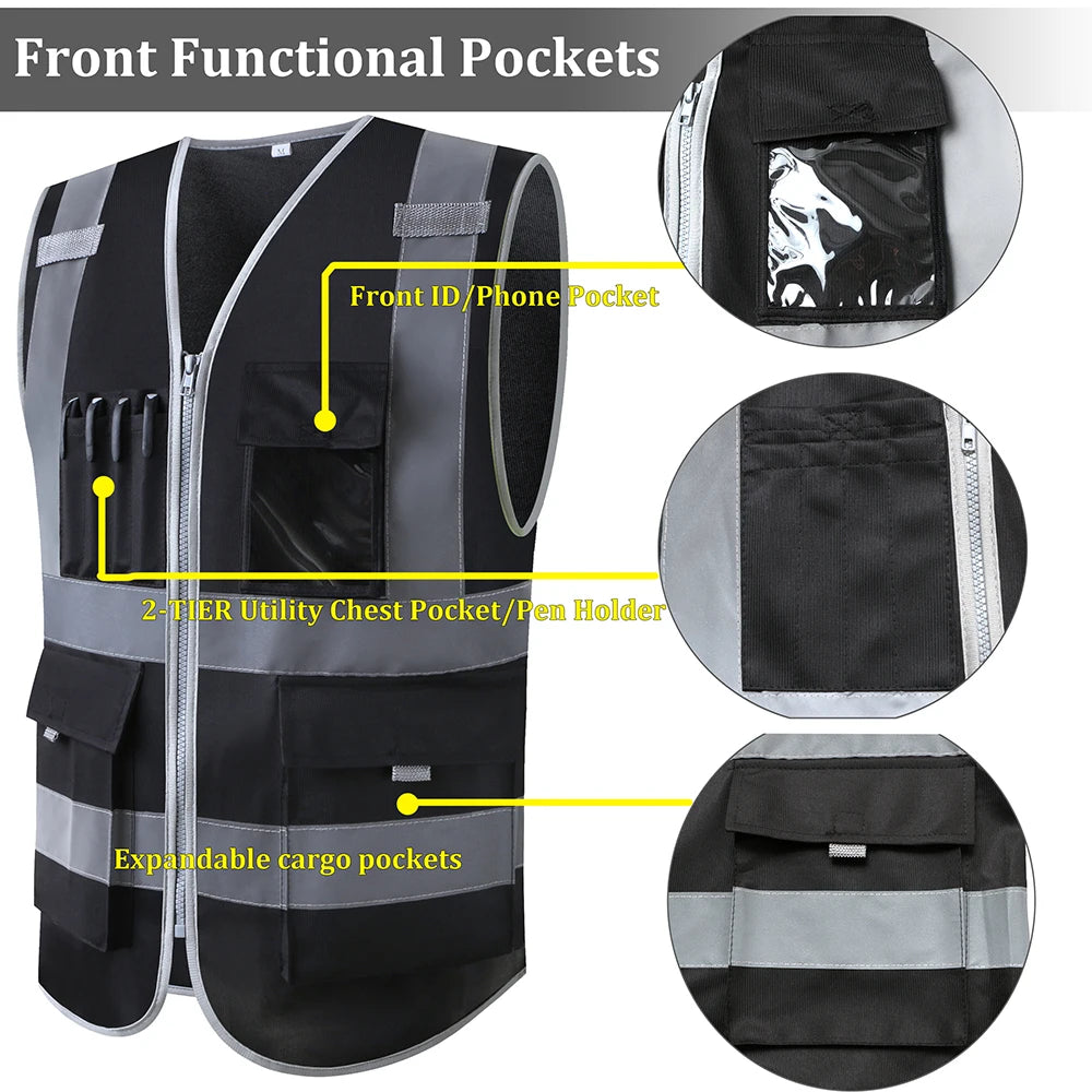 Hi Vis Work Vest construction building vest Workwear clothing work vest multi pocket black vest