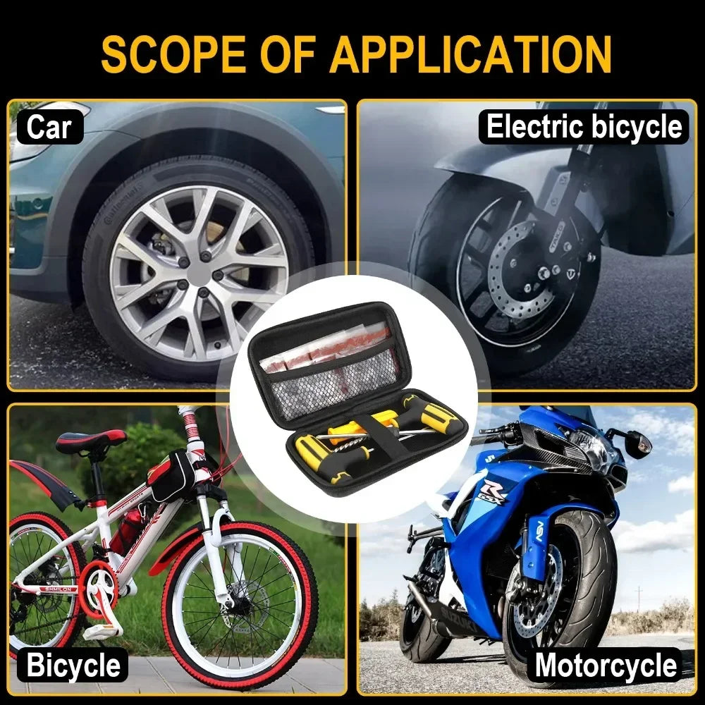 Universal Tubeless Tire Repair Kit - Emergency Puncture Tools W/Rubber T-Plugs for Car/Motorcycle On-Road Vacuum Seal