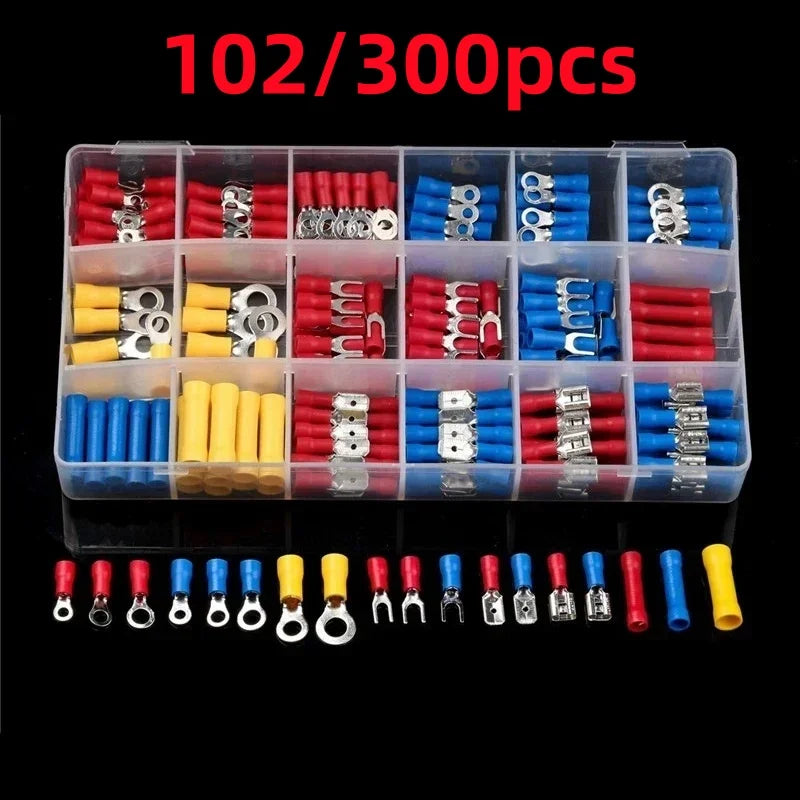 102/300pcs Cable Lug Kit Flat Female Male Insulated Crimp Terminal Kit