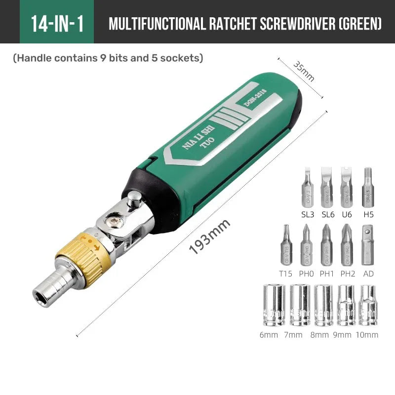 14 in 1 Multi-Function Rotary Ratchet Screwdriver Set Magnetic Bit Kit