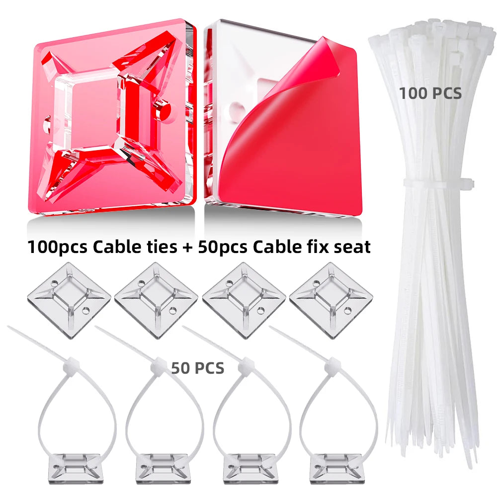 50/100/150pcs Nylon Self-Adhesive Cable Ties Mount Reusable Cable Management Organizer