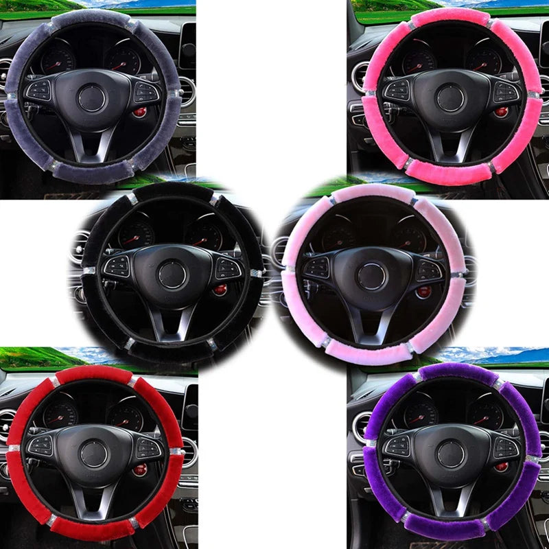 Plush Steering Wheel, Gearshift & Handbrake Cover Set with Rhinestones