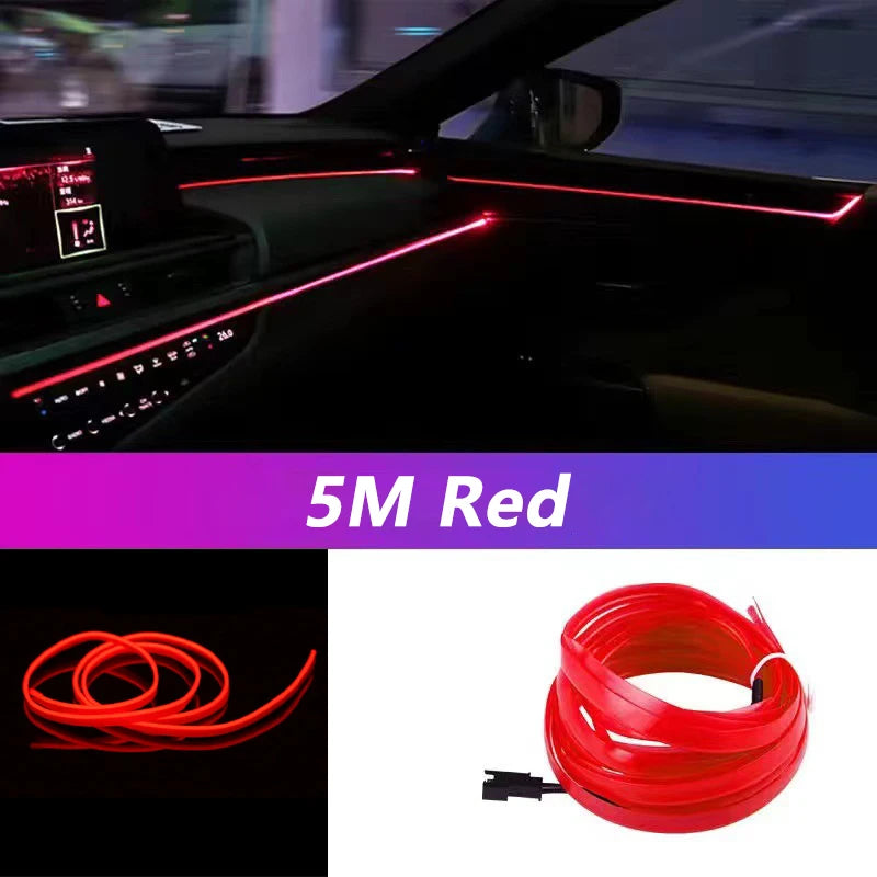 Car Interior LED Neon EL Wire Ambient Light Strip, USB, 5m