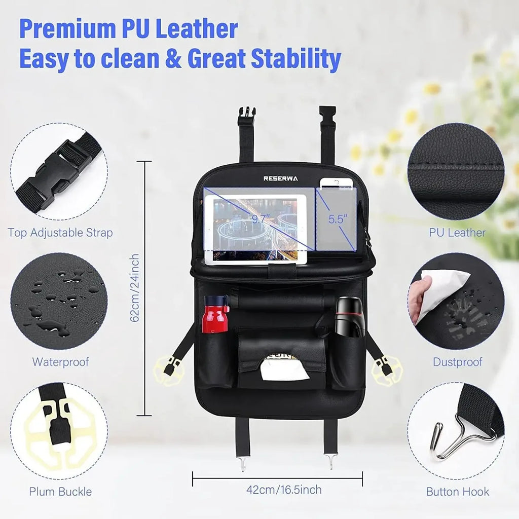 PU Leather Car Seat Back Organizer with Foldable Tray