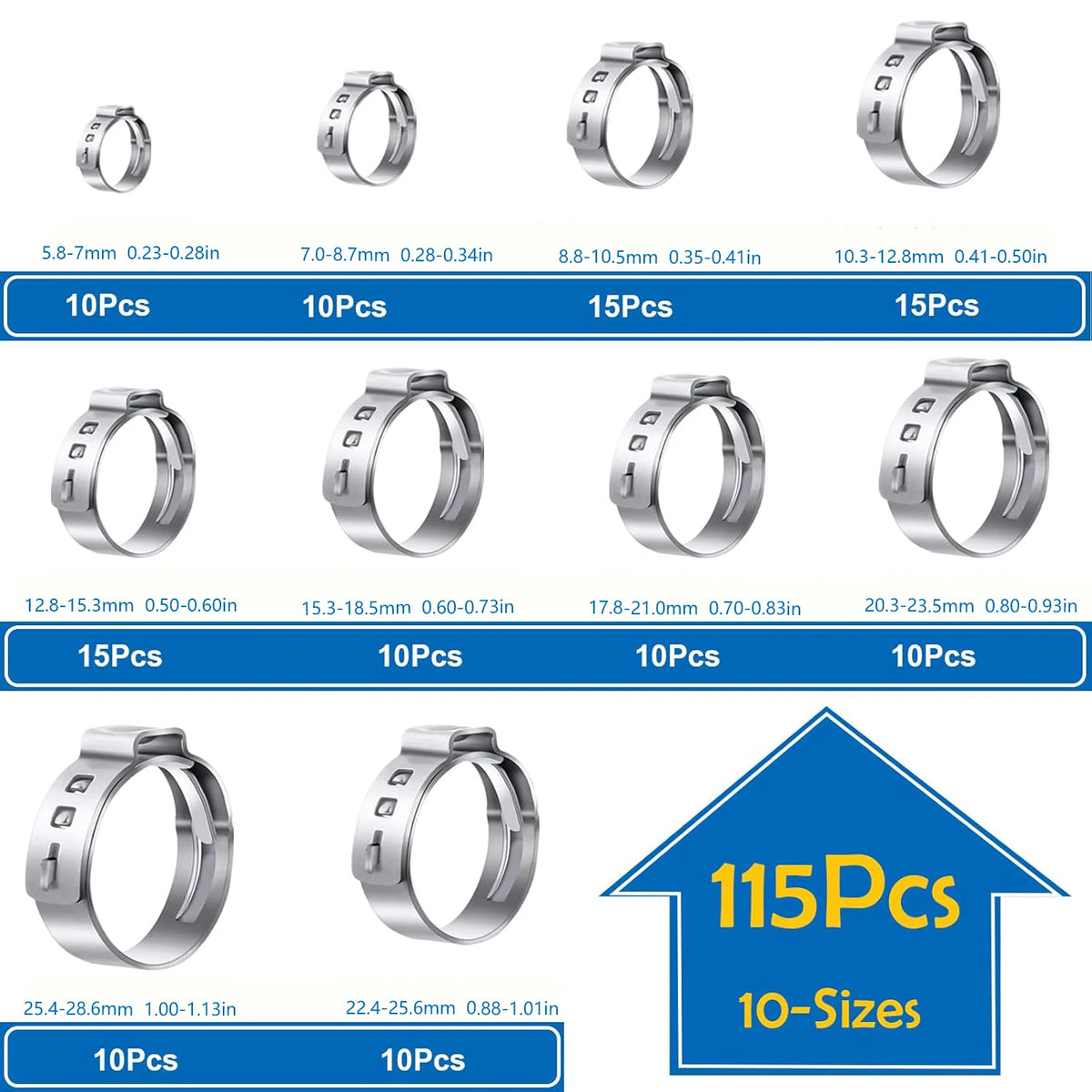 115-Piece Single Ear Hose Clamp Assortment Kit, 304 Stainless