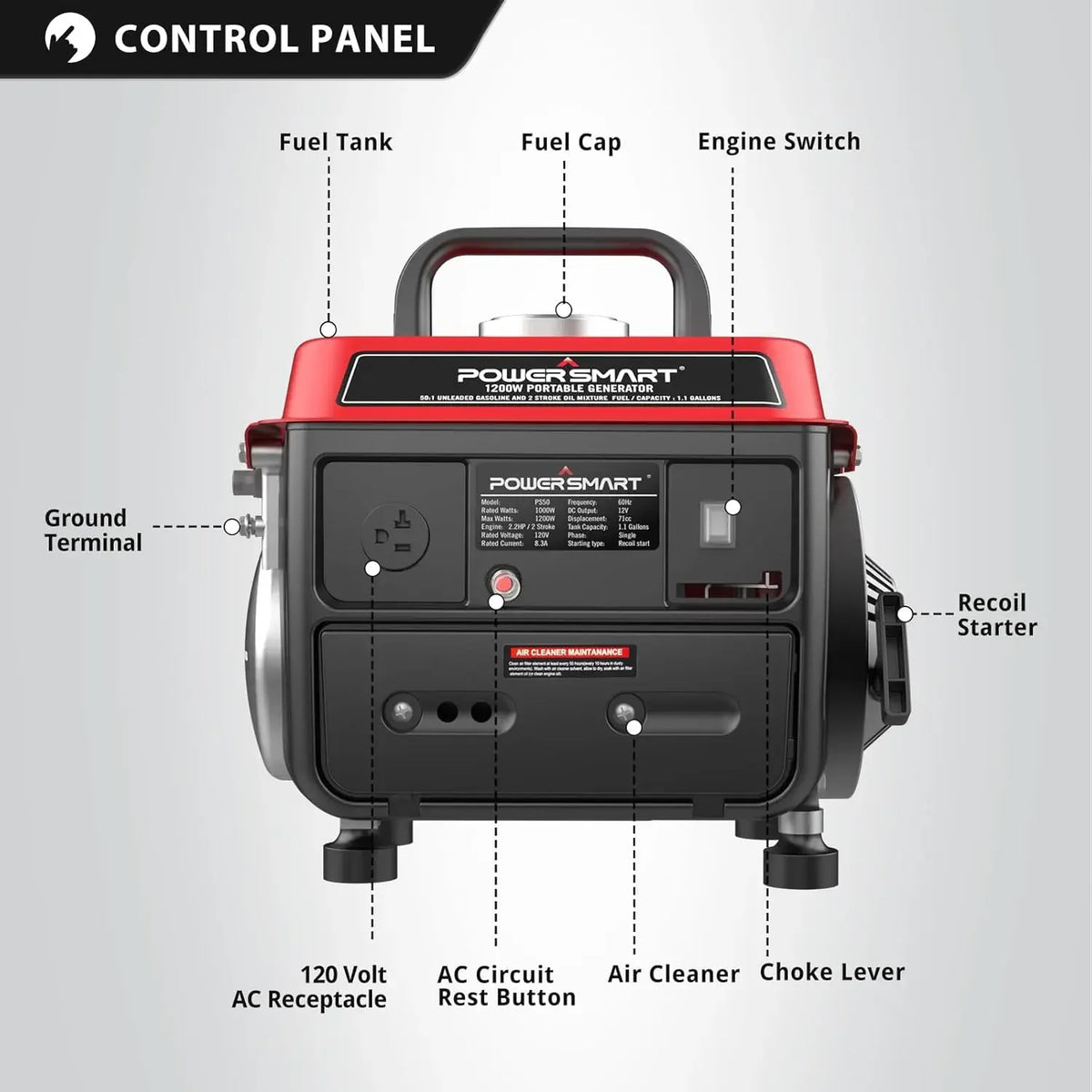 1200W Portable Gas Powered Generator, 71cc 2-Stroke Single Cylinder Engine, 900W Rated, Ultralight 39 lbs for Camping, Tailgatin