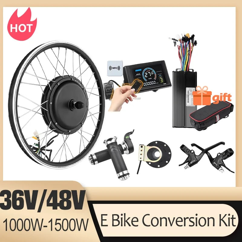 1500W E-bike Conversion Kit Hub Motor Brushless Gearless Hub Motor Kit Front Rear Motor Wheel for 20in-700C Rear Cassette Motor