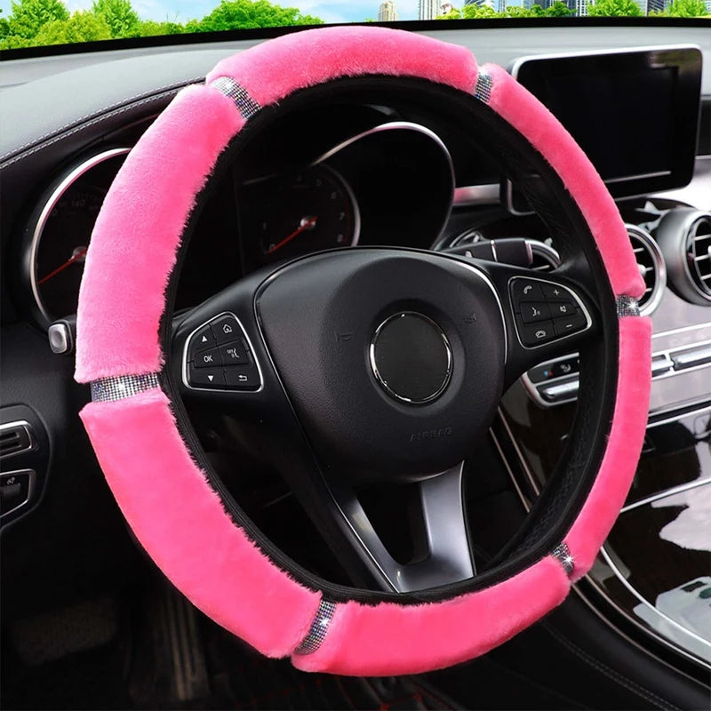 Plush Steering Wheel, Gearshift & Handbrake Cover Set with Rhinestones