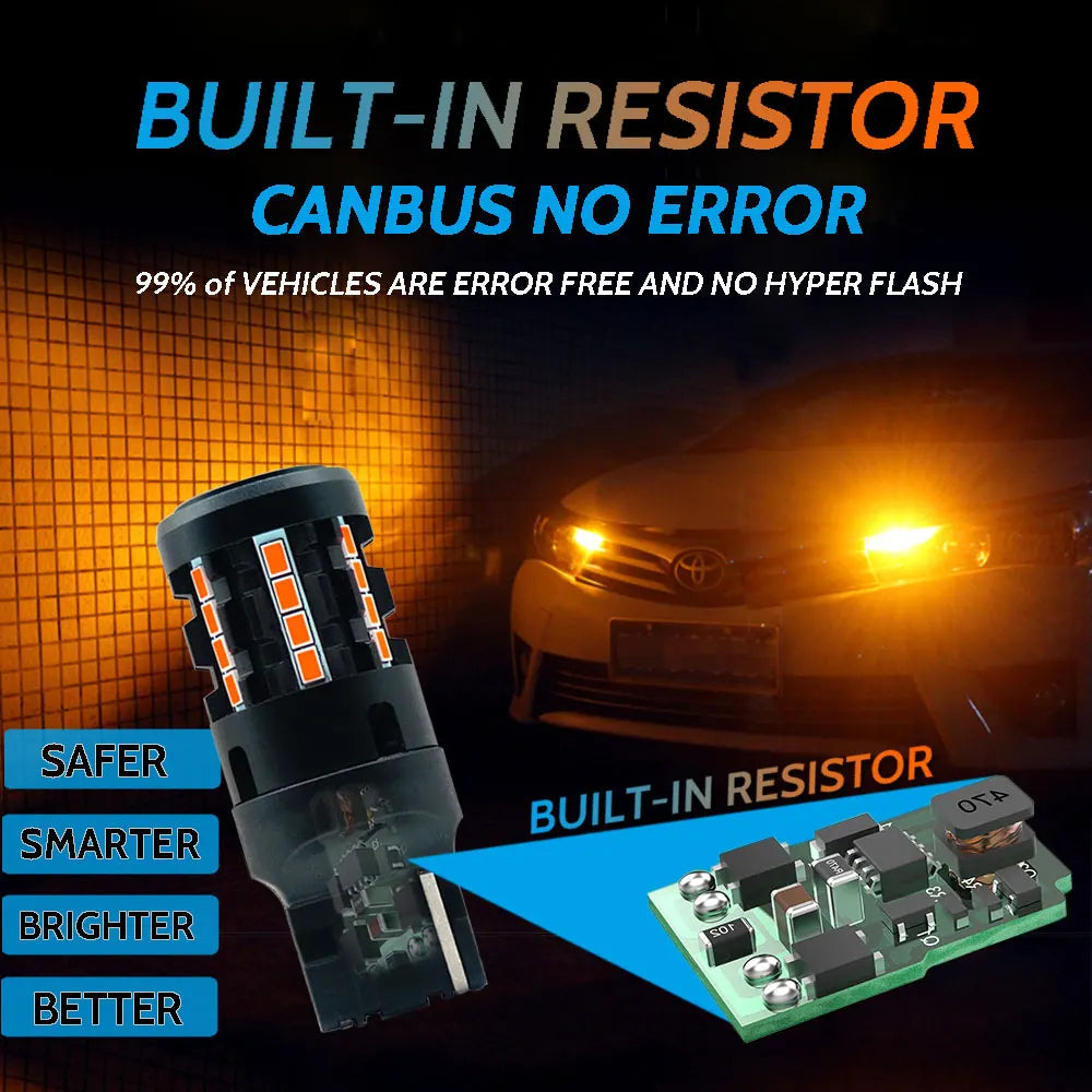 2Pcs T20 7440 7440NA W21W WY21W LED Bulb Amber Yellow Canbus Error Free No Hyper Flash Blinker Lamp For RAV4 Turn Signal Light