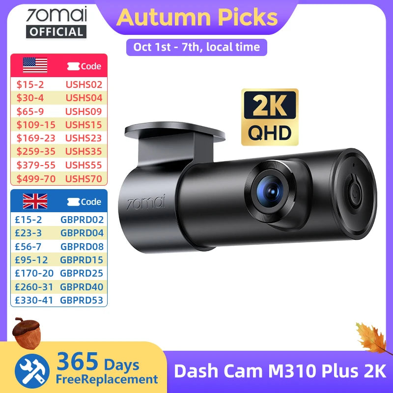 70mai M310 Plus 2K 1440P Dash Cam 143°FOV f/1.55 Large Aperture Smart Voice Control 24H Parking Guard Night Vision Car Camera