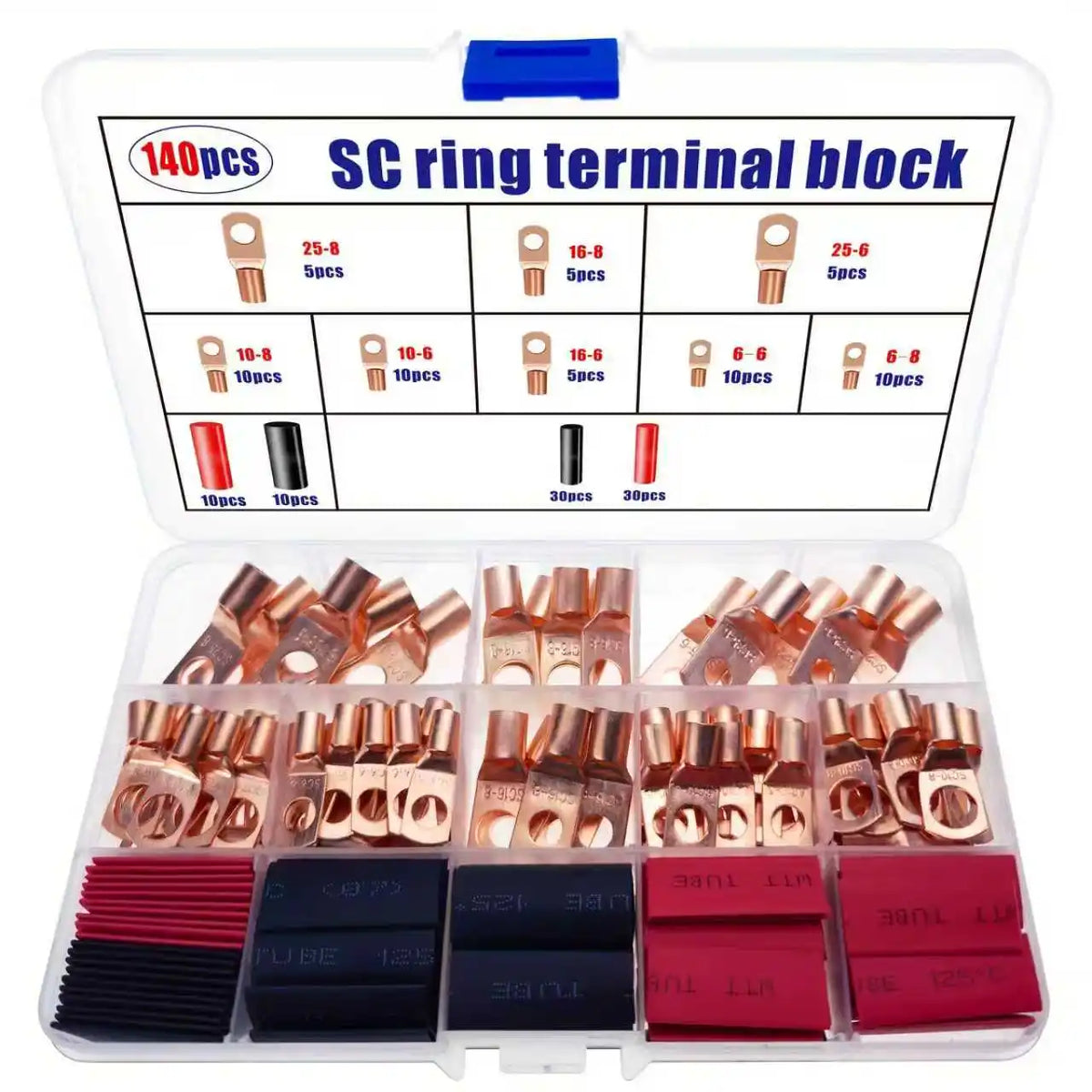 140/220pcs Battery Lug Ring Terminal Tool Kit for Power Distribution Cable Ends Connectors for Vehicles And Ships