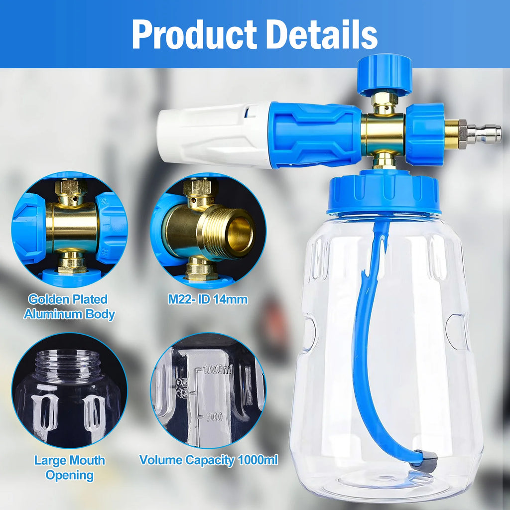 Foam Cannon Foam Generator 1L, Foam Blaster Wide Neck Adjustable Snow Foam Lance for Pressure Washer with 1/4" Quick Connector