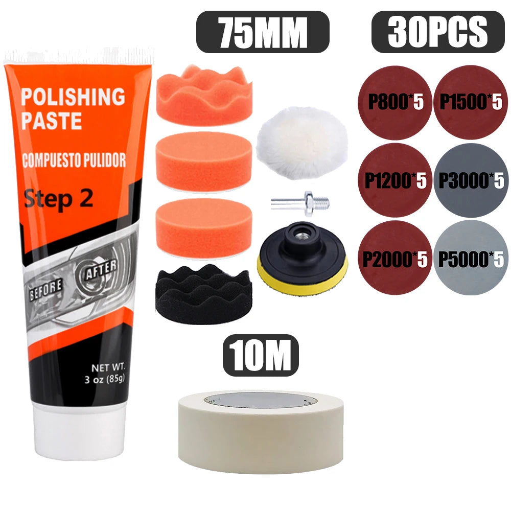 Car Headlight Restoration Kit with Polishing Paste, Sanding & Wax