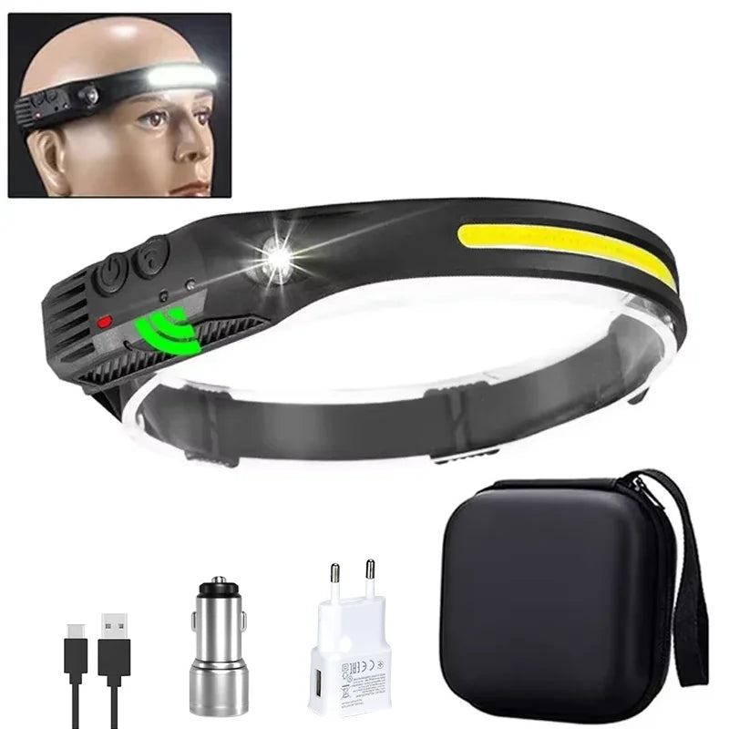 USB Rechargeable LED Sensor Headlamp, COB Waterproof Work Light for Camping