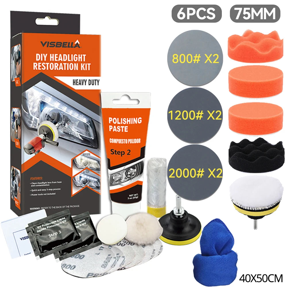 Car Headlight Restoration Kit with Polishing Paste, Sanding & Wax
