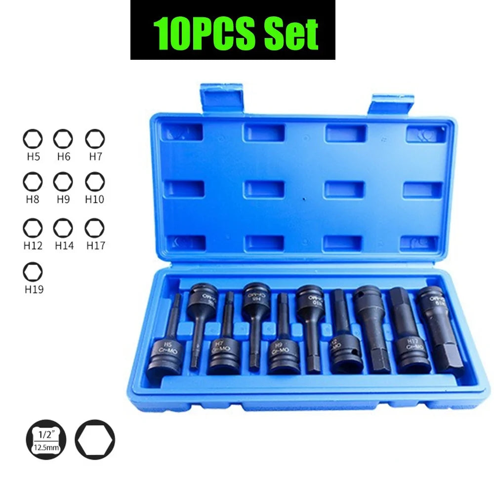1/2 Inch Impact Hex Bit Socket Set H4-H22 Allen Bit Sockets for Car Bike Repair