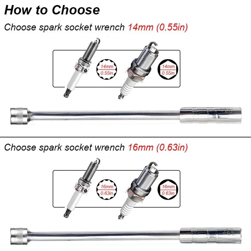 Spark Plug Socket Key Magnetic Tool Wrench Swivel Long Extension Install Replace Repair Kit Torque Remove Gap 14mm 16mm Auto Car