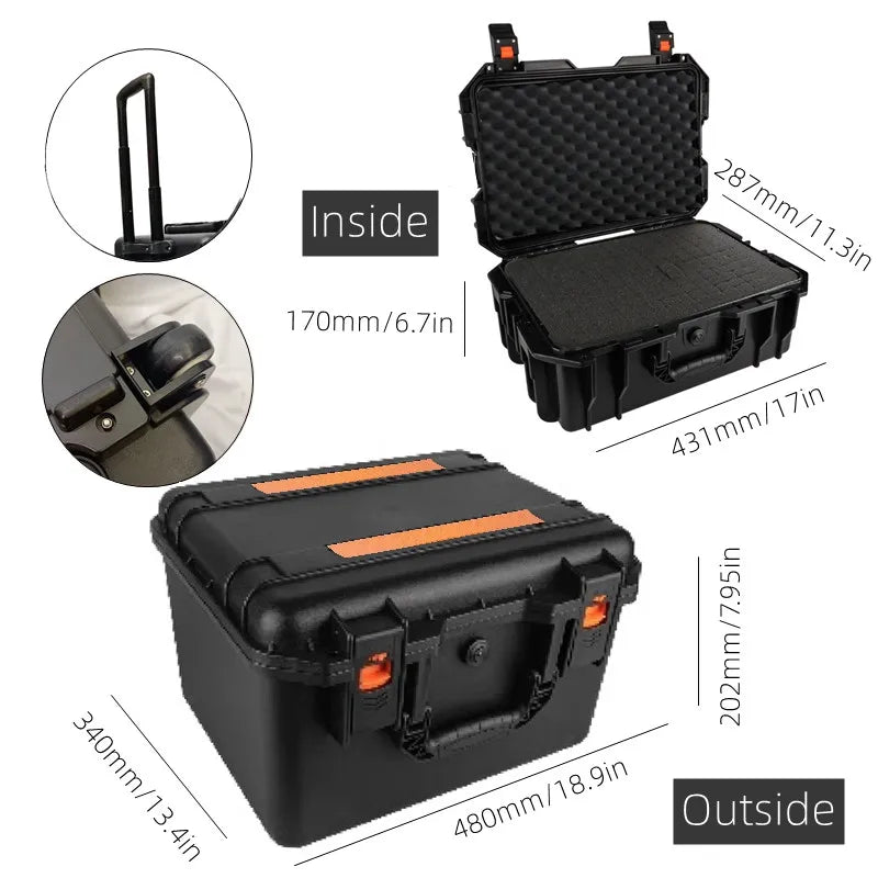Large ABS Waterproof Hard Carry Case Tool Box on Wheels Safety Instrument Trolley