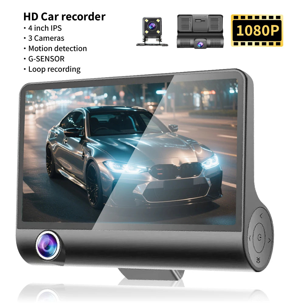 3-Camera Dash Cam with Front, Interior, and Rear Views