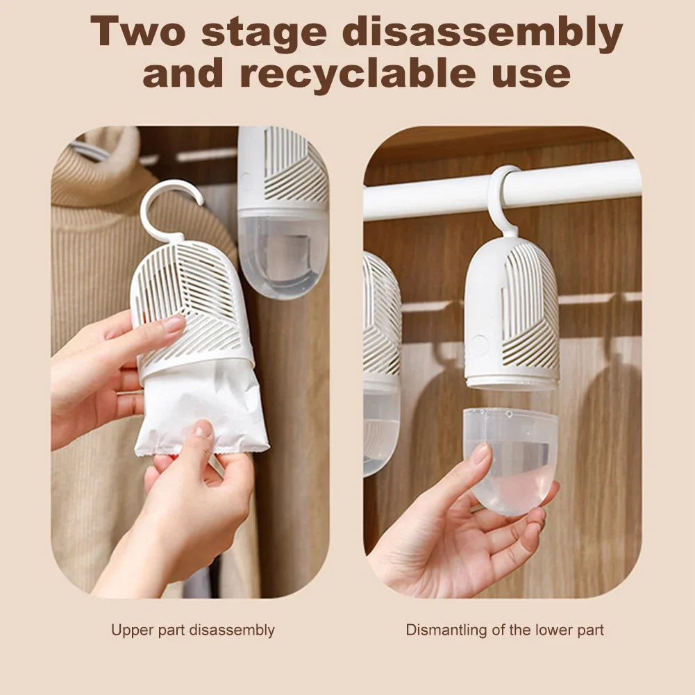 Hanging clothes dehumidifier box, anti-mould moisture absorber with hook