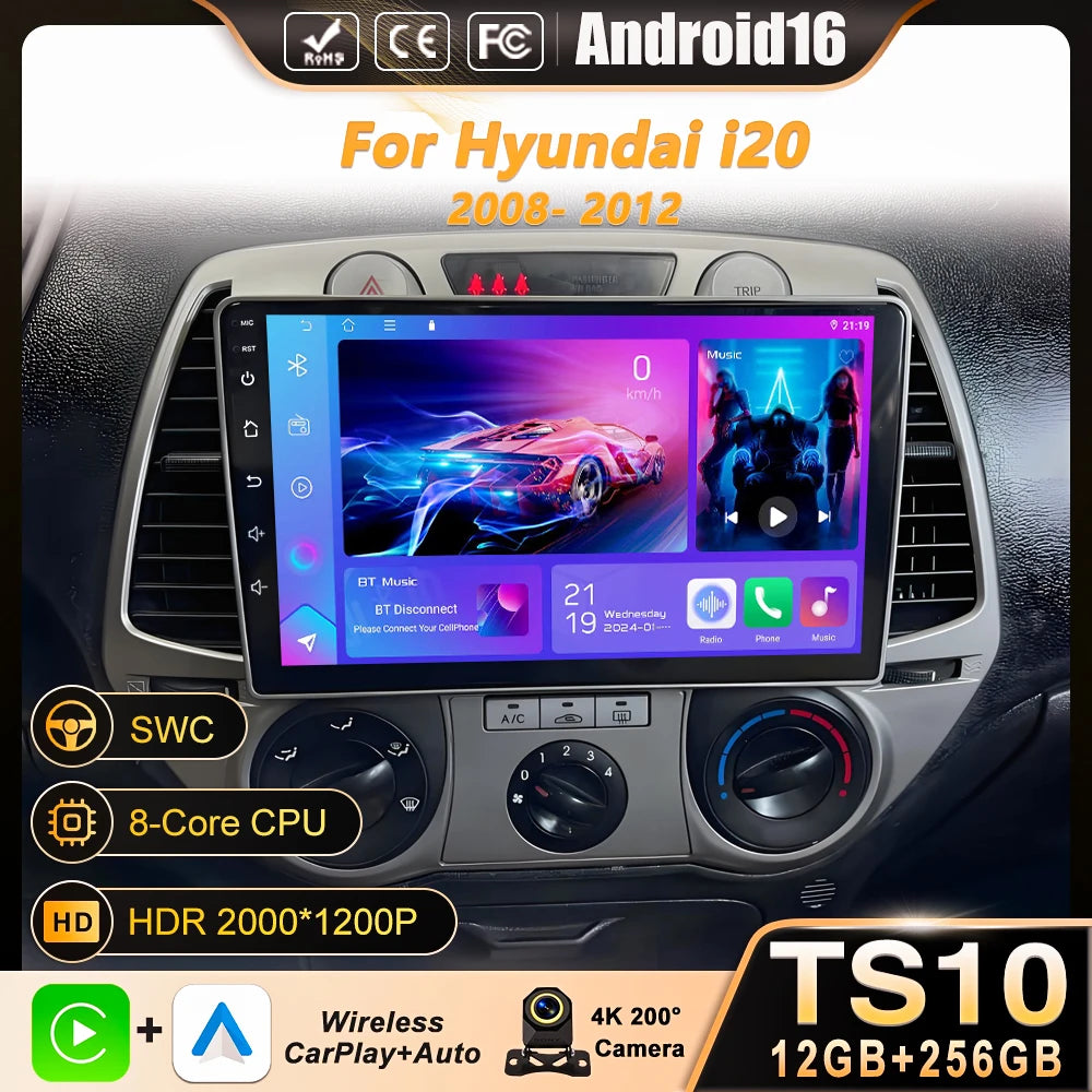 Android 16 Carplay GPS Multimedia System for Hyundai i20 2008-2012