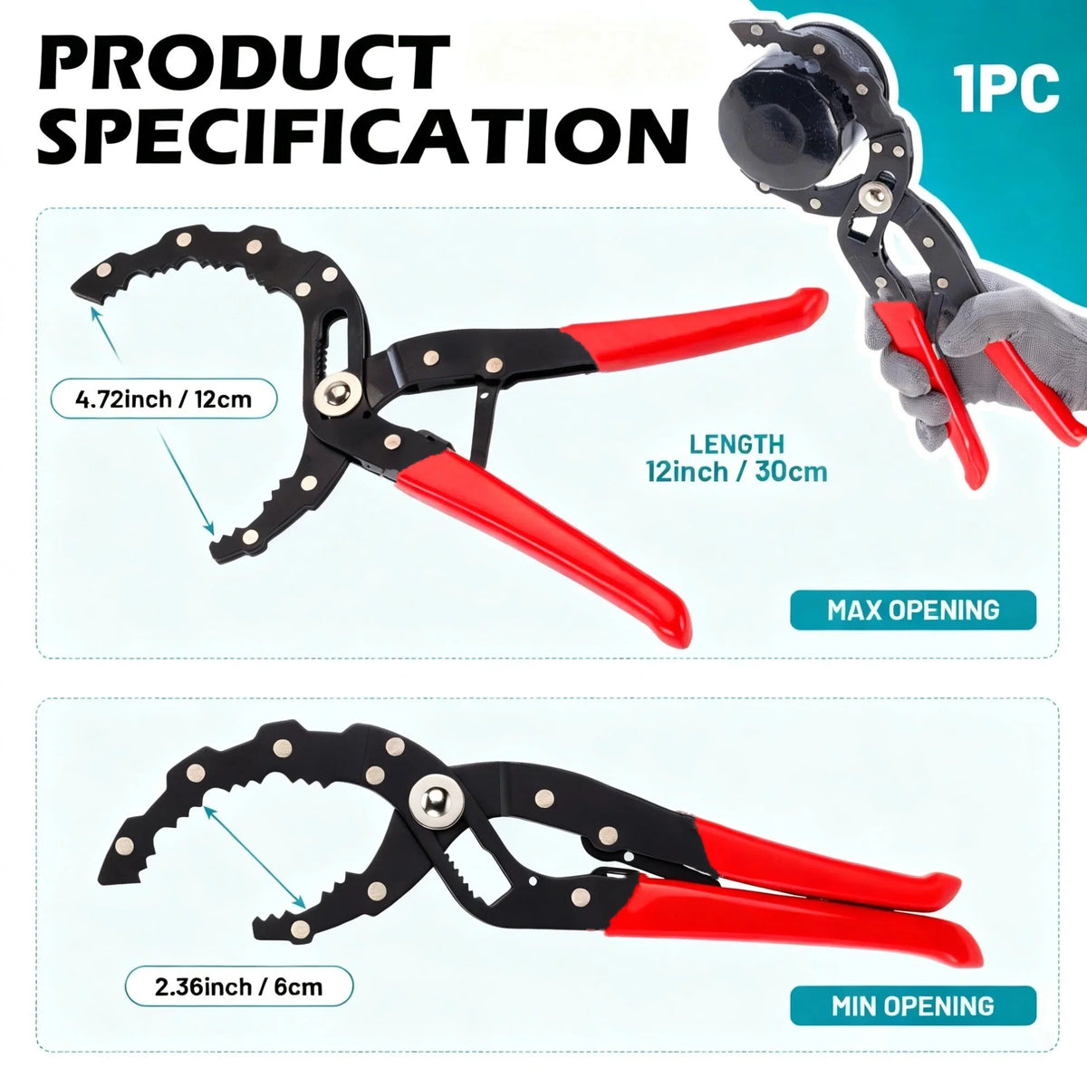 1pc Oil Filter Wrench Quick Adjustable 12" Oil Filter Pliers One-Hand Use Oil Filter Removal Tool for Cars Motorcycles & Trucks