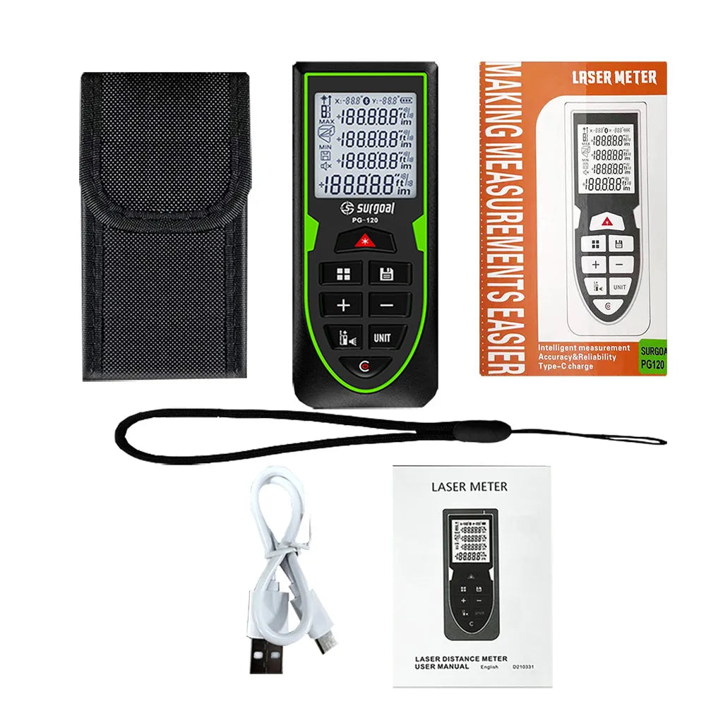 Green Laser Distance Meter 120m Rangefinder Rechargeable with Digital Level Measure Laser Tape