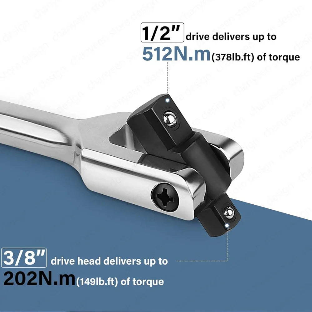 1/2'' Drive Breaker Bar Wrench Socket 10/15/18inch Extension 180-Degree Cr-V Flex Head and Engraved Non-slip Handle Repair Tools
