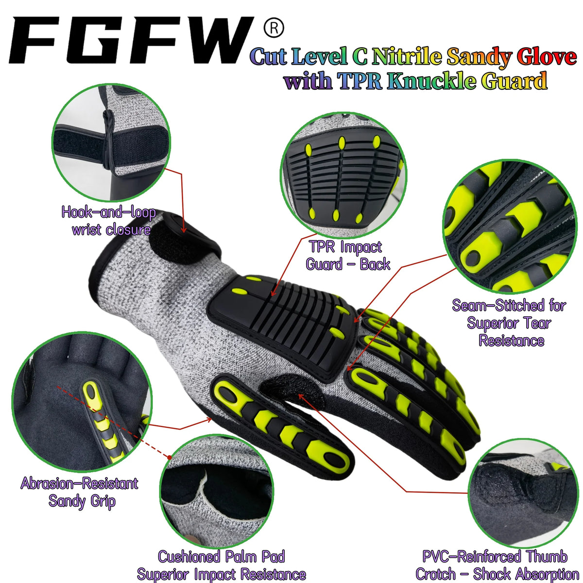 Cut Resistant Gloves Level C, Nitrile Sandy Work Gloves with TPR Knuckle Guard, EN388 4X42CP Safety Gloves for Mechanics