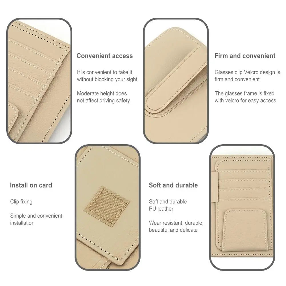 PU Leather Sun Visor Organizer with Card Slots and Sunglasses Holder